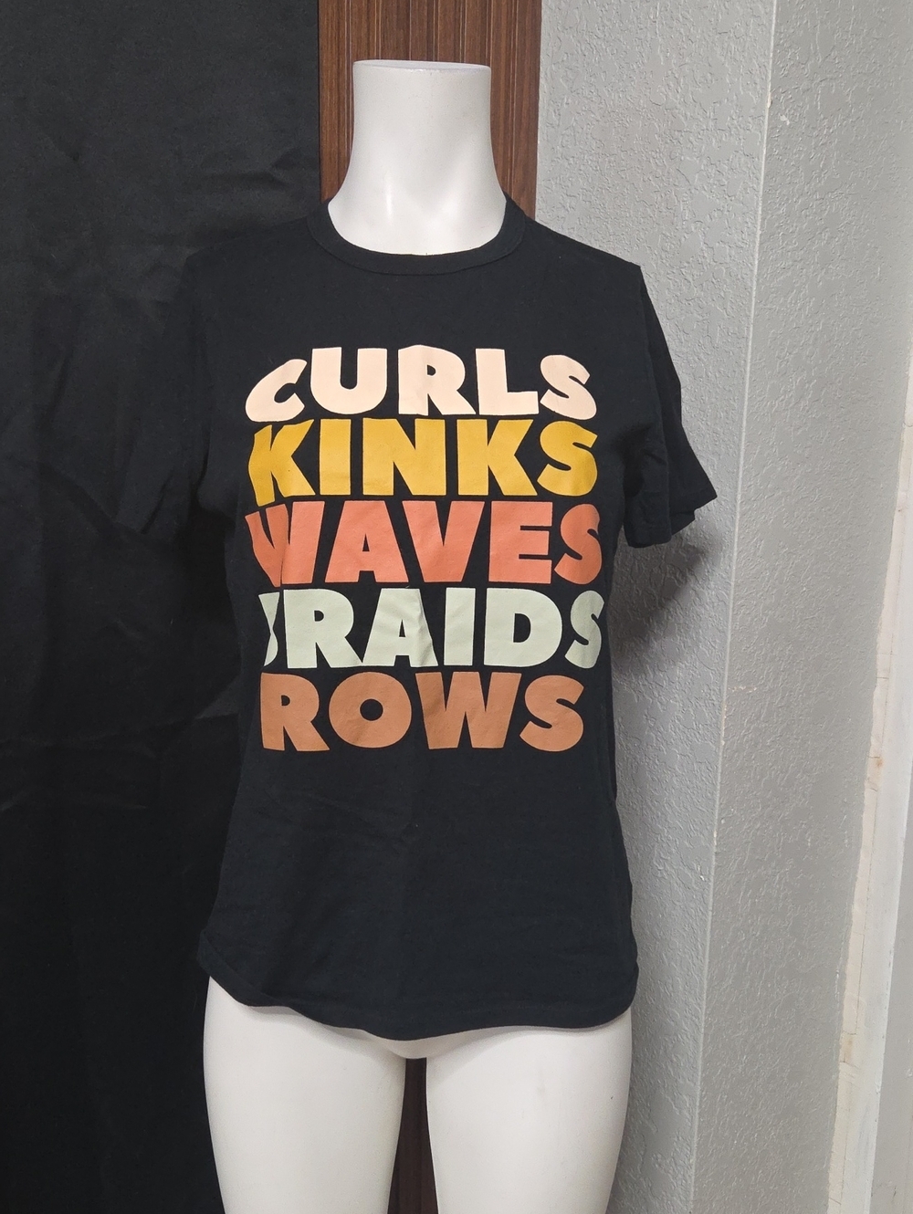 Well Worn Black Kids Tee with Multicolor Retro Text Medium Size [0090]